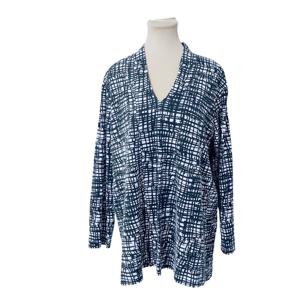 Chico's Women XXL Size 4 Black White Abstract Print Pima Cotton V-Neck Tunic Top
